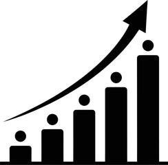 Black silhouette of a bar graph with an upward trending arrow indicating growth and progress silhouette