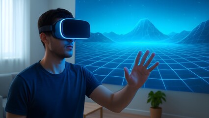 Futuristic man using VR headset with holographic interface