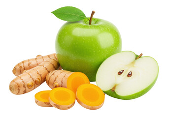 Green apple and turmeric PNG illustration isolated on transparent background healthy food concept vibrant colors fresh ingredients