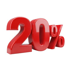 Hyperrealistic 3d rendering of the number 20 percent symbol in shiny red for marketing and discounts transparent background