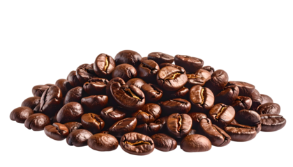 Pile of roasted coffee beans, various shapes, textures, and shades of brown against black
