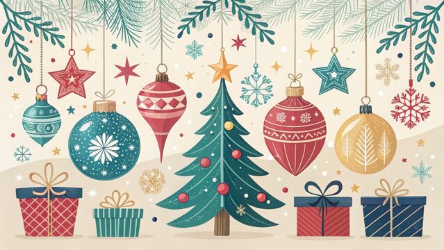 Festive christmas tree ornaments gift boxes and twigs festive holiday season celebration