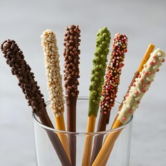 유리컵에 담긴 크리스피한 초코렛 빼빼로 과자