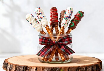 나무 위 리본이 달린 투명한 병에 담긴수제 막대 알록달한 빼빼로