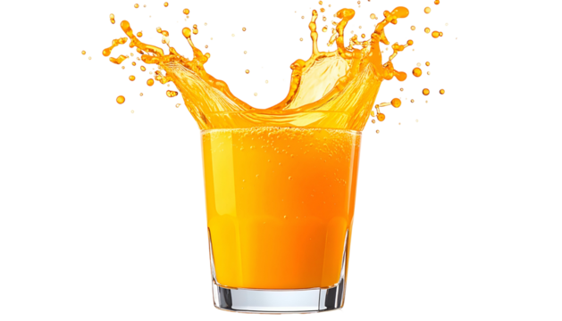 A transparent glass of orange liquid has a dynamic splash, droplets scattered above