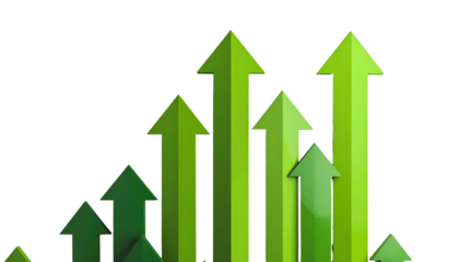 Green upward-pointing arrows of varying heights against a stark black backdrop, conveying growth