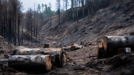 Devastated forest landscape with fallen logs and burnt stumps on a barren hillside after a wildfire