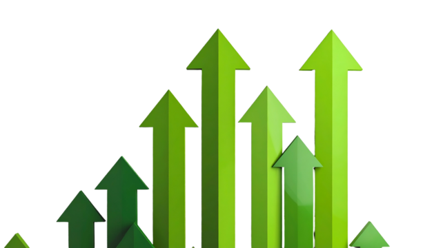 Green upward-pointing arrows of varying heights against a stark black backdrop, conveying growth - Powered by Adobe