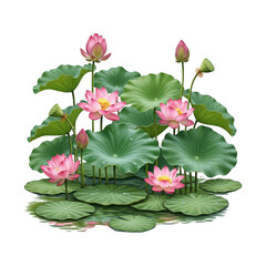 Serene pink water lilies and lush green pads floating gracefully on dark calm water transparent background