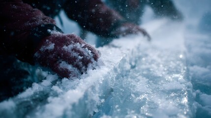 Close up of hands covered in snow and frost examining a detailed fragment of a frozen ice core sample