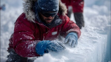 Fototapeta premium A scientist or explorer in extreme cold weather conditions works with ice samples outdoors