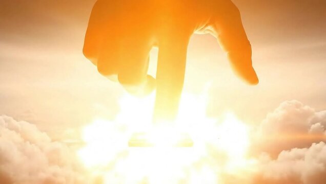 Hand pressing a button in the clouds to activate Black Friday sales across the sky