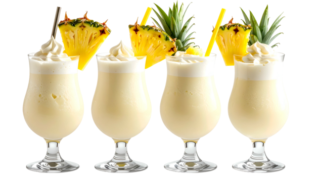 Four tropical drinks with cream, pineapple garnish, and straws. Isolated on black background