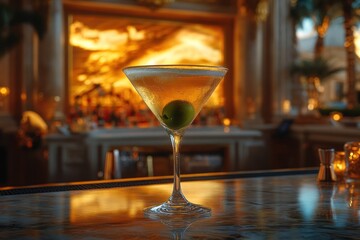 Luxury bar martini with green olive on table