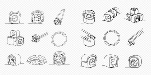 Hand-drawn sketch collection of various sushi and maki rolls, including nigiri and chopsticks, on a transparent background.