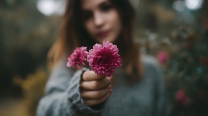 Woman offering a bouquet of delicate pink flowers with a soft blurred garden background and shallow depth of field