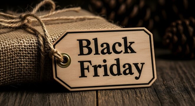 Black friday wooden tag on a gift wrapped in burlap, evoking a rustic and natural feel for holiday shopping and sales promotions
