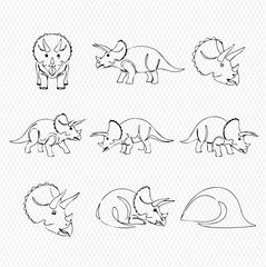 A collection of nine black and white line art illustrations depicting triceratops dinosaurs in various poses.