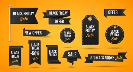 Collection of black friday sale tags, banners, and labels with offer and new offer text on an orange background