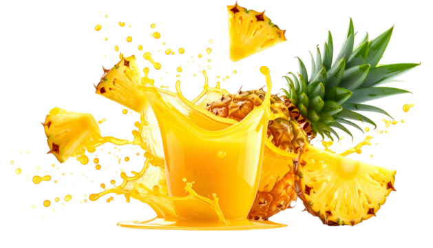 A vibrant pineapple burst with juice splash and sliced fruit, set against black background