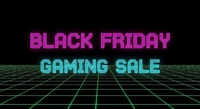 Black friday gaming sale neon sign with grid background, retro futuristic style, digital art, advertisement, promotion, discount, offer, shopping, retail, ecommerce, online store, video game, console,