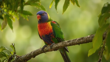 A rainbow lorikeet perched on a tree branch surrounded by lush green leaves.