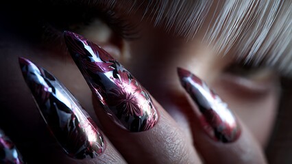 High-Shine Chrome Nail Art: Metallic Silver and Deep Pink Floral Foil Design