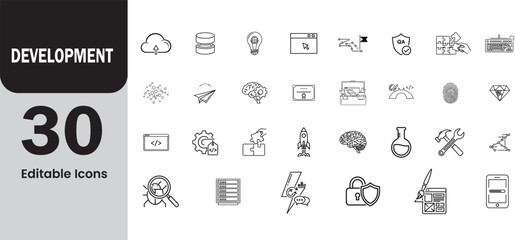 Collection of 30 editable line art icons representing development and progress in business and technology concepts