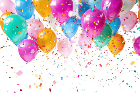 Colorful balloons and confetti falling against a black background party celebration, Isolated On Transparent Background, Png Cut Out