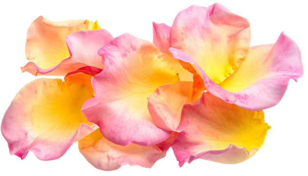 Close-up of delicate rose petals, shades of yellow, pink, and orange, on a black background
