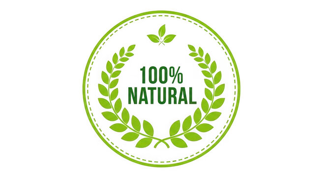Illustration of 100 natural product label with a green wreath isolated on transparent background, promoting organic and ecofriendly ingredients