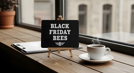 Black friday bees sign with a cup of coffee on a wooden table by the window