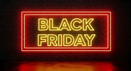 Black friday neon sign glowing on a brick wall, representing shopping sales and discounts during the holiday season