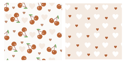 Cute Cherry and Heart Seamless Pattern Set on Beige Background