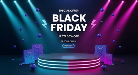 Black friday special offer with up to 50 off sale, featuring a stage with neon lights and shopping bags, perfect for ecommerce and retail promotions