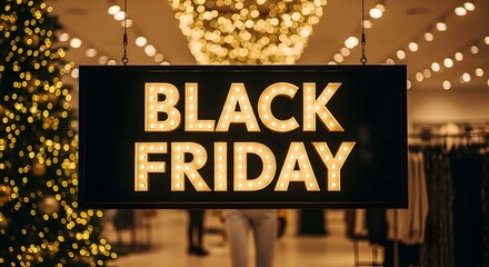 Illuminated black friday sign hanging in a store with a christmas tree and bokeh lights in the background, symbolizing holiday shopping and sales