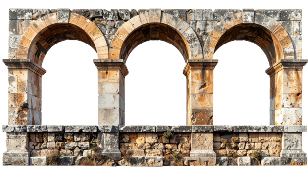 Stone arches of an ancient structure, featuring weathered textures and open portals