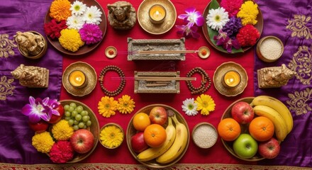 Fototapeta premium Bodhi day celebration with colorful fruits and flowers arrangement for spiritual meditation