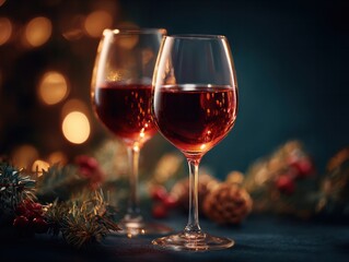 Naklejka premium Celebration toast with wine glasses cozy setting still life romantic atmosphere close-up indulgence