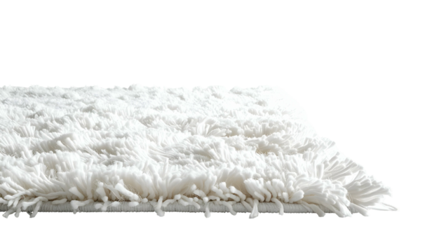 Side profile view of a fluffy white rectangular rug with a dark background
