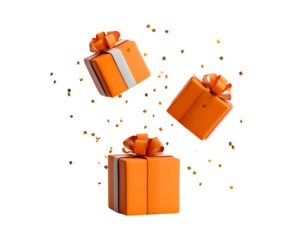 Festive orange gift boxes with bows for holiday celebration and special event on transparent background