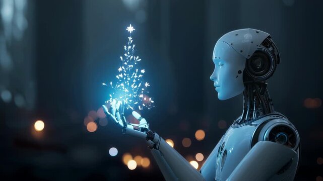 Futuristic female android holding a glowing blue digital christmas tree hologram. Symbolizing the intersection of technology with holiday traditions and a vision of a cybernetic new year celebration