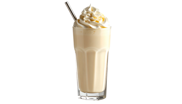 A tall, refreshing, creamy milkshake with whipped cream and a metal straw