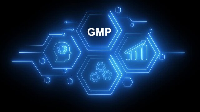 Abstract neon Hud knowledge ability business gear icon Glowing neon line concept. Glowing "GMP" button in German on a futuristic, abstract wave technology on black background.