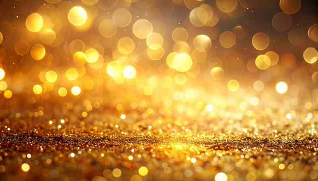 Sparkling golden backdrop with glowing bokeh lights, glitter particles shimmering, abstract, festive