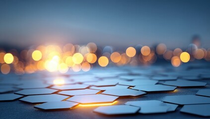 Hexagonal patterns on surface with glowing accent, blurring to bokeh lights against dusk sky