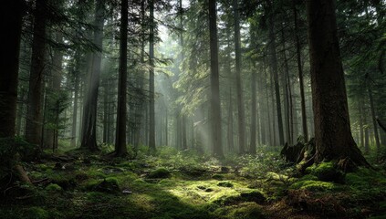 Sunbeams piercing a misty forest