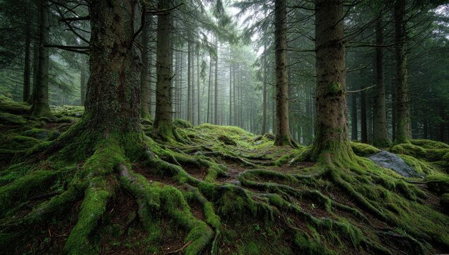 Misty forest floor with moss-covered roots (1)