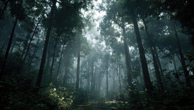 Dense forest path in the mist