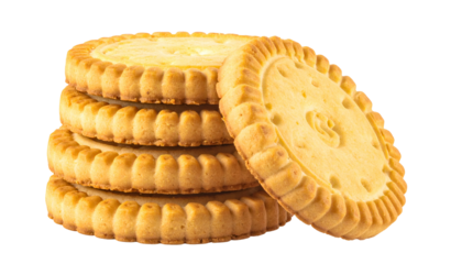 Stack of round, golden-brown biscuits with creamy filling, featuring textured edges
